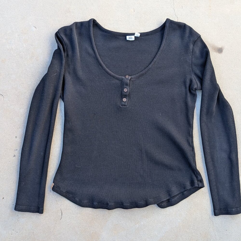 TenTree Women’s Ribbed Henley Top, Black Long Sleeves, Size M